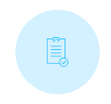 A clipboard with a check mark on it in a blue circle.