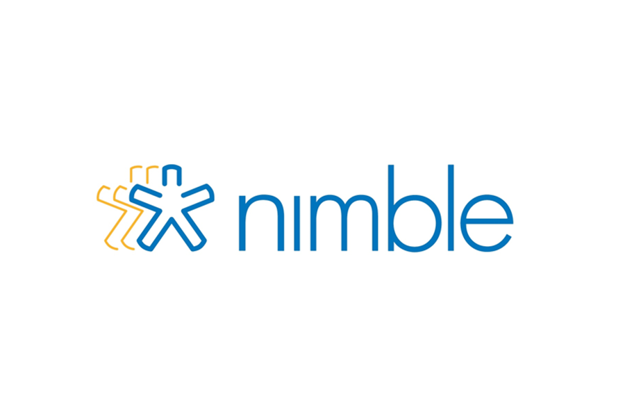 A blue and yellow logo for nimble on a white background