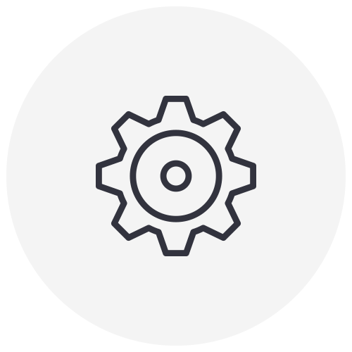 A gear icon in a circle on a white background.