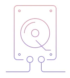 A line drawing of a hard drive with two wires attached to it.