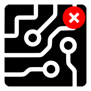 A black and white icon of a circuit board with a red x in the middle.