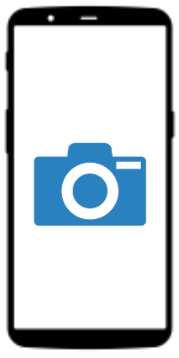 A cell phone with a blue camera icon on the screen.