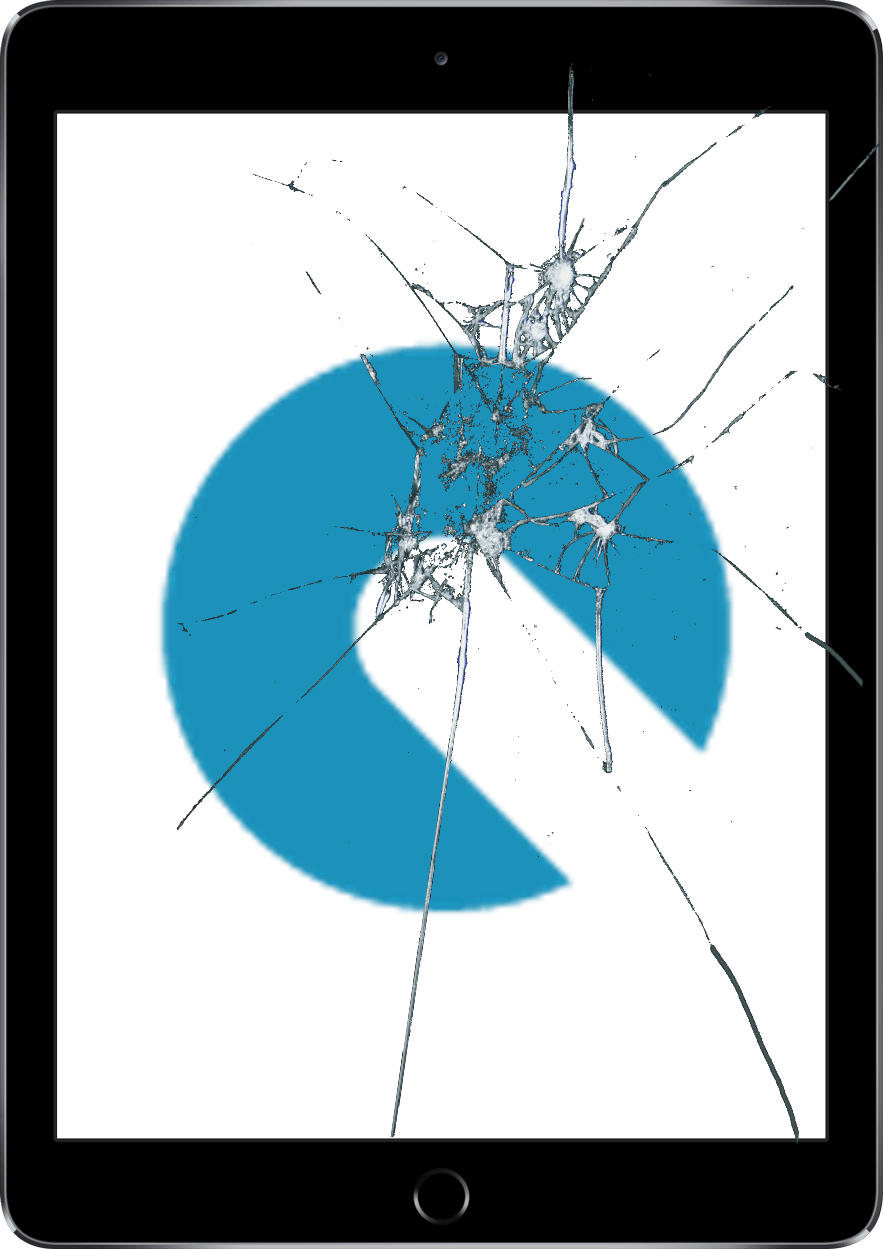 A tablet with a cracked screen has a blue circle on it