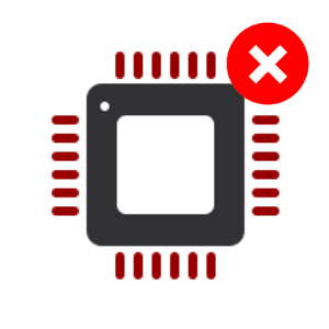 An icon of a computer chip with an x in a red circle.