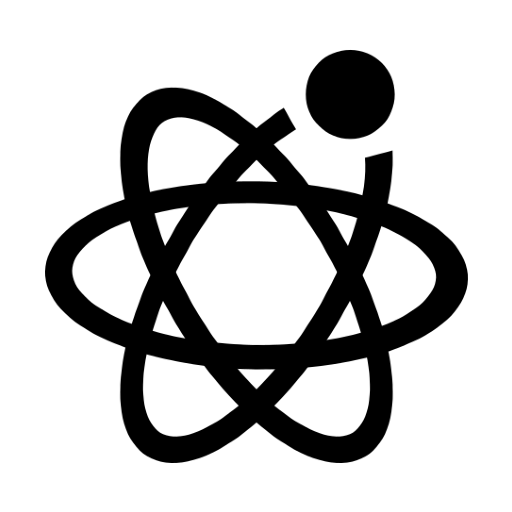 A black and white silhouette of an atom on a white background.