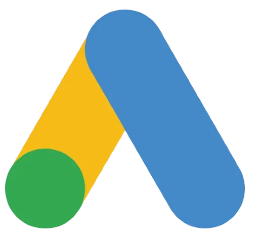 A blue , yellow , and green google adwords logo on a white background.