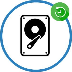 A hard drive icon in a blue circle with a green arrow.