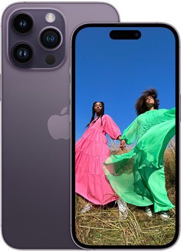 A purple iphone 13 pro with a picture of two women in dresses on the screen.