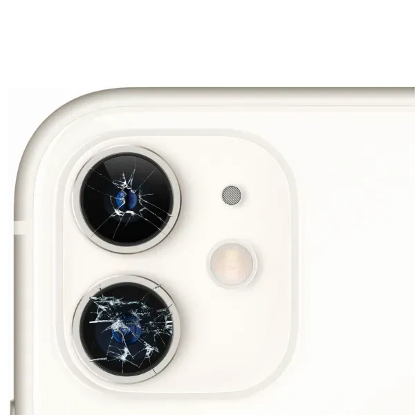 The back of a white iphone with a broken camera lens.