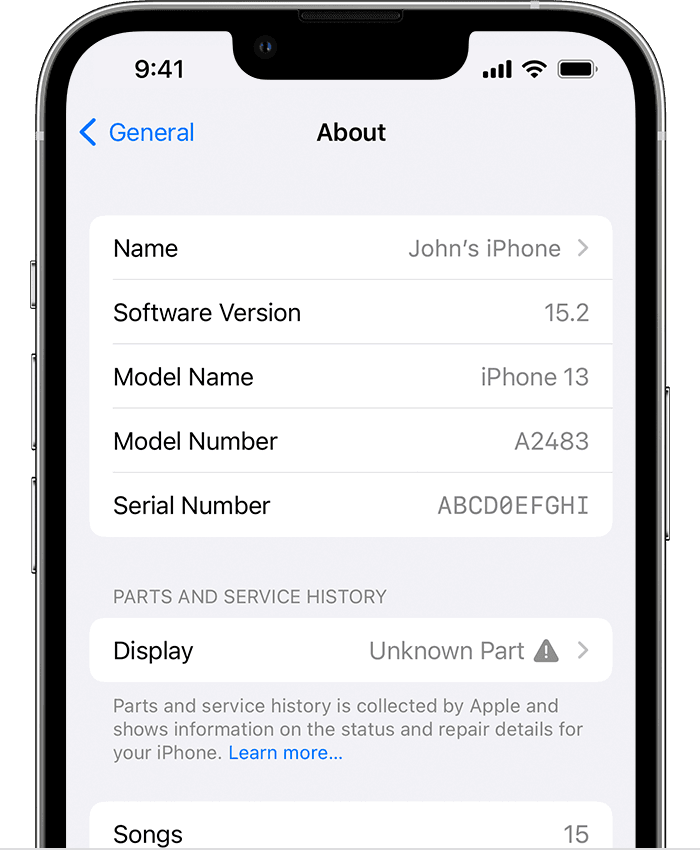 A screenshot of the parts and service history page on an iphone.