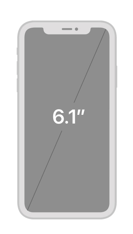 A cell phone with a 6.1 inch screen on a white background.