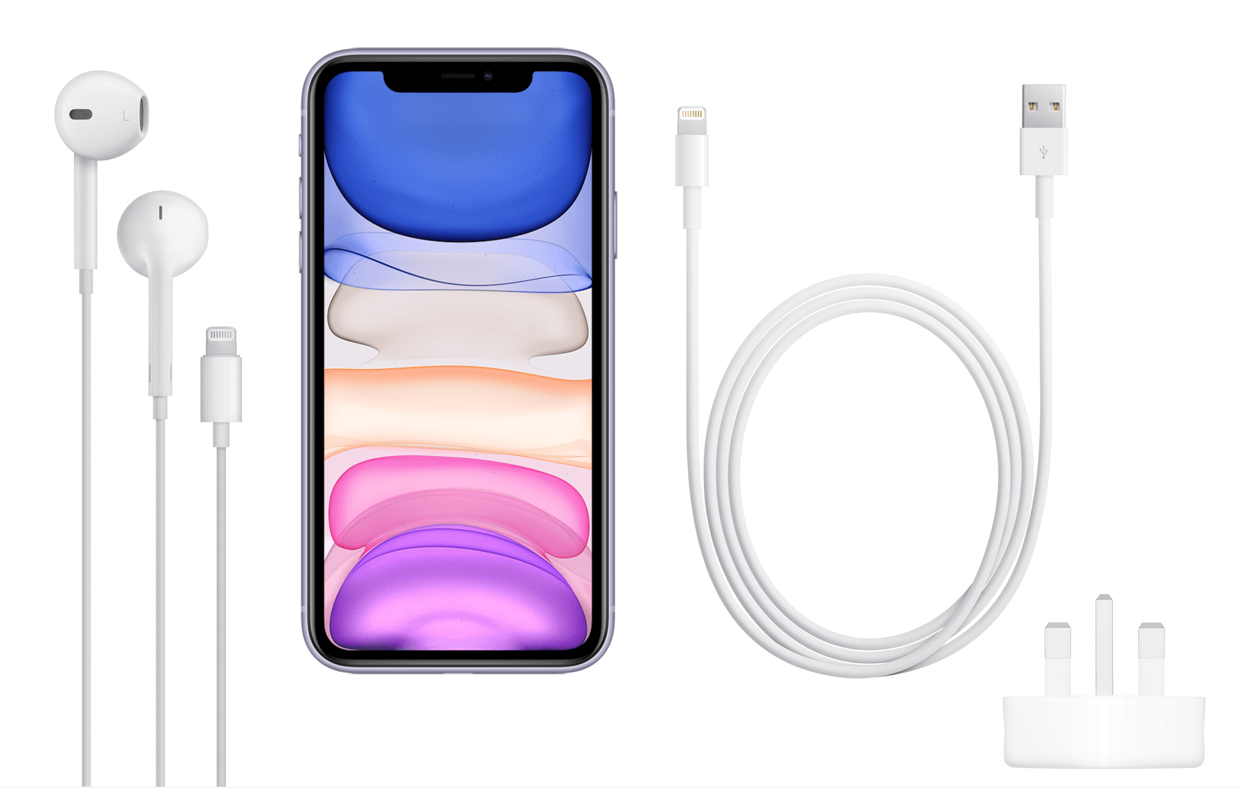An iphone 11 with earbuds , a charging cable , and a charger.