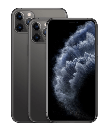 Three black iphones are sitting next to each other on a white background.