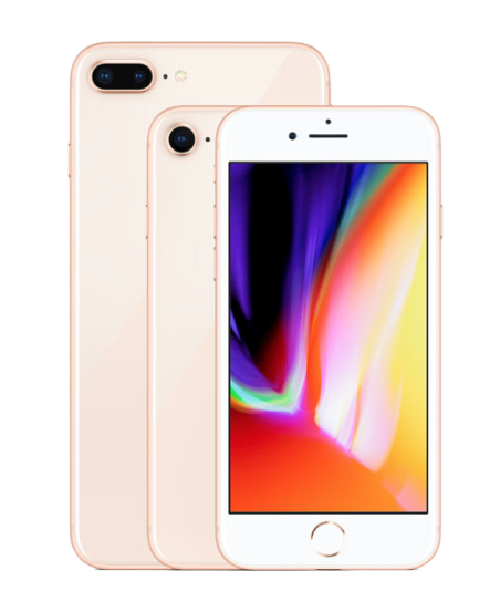 Two iphones are sitting next to each other on a white background.