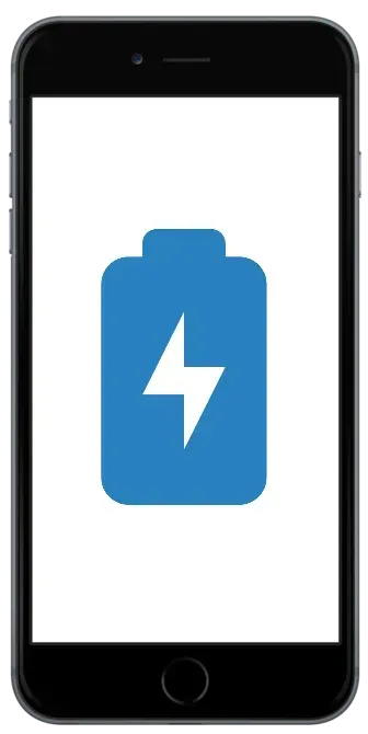 A cell phone with a blue battery and a lightning bolt on it.