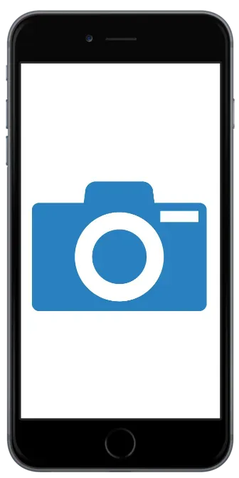 A cell phone with a blue camera icon on the screen.