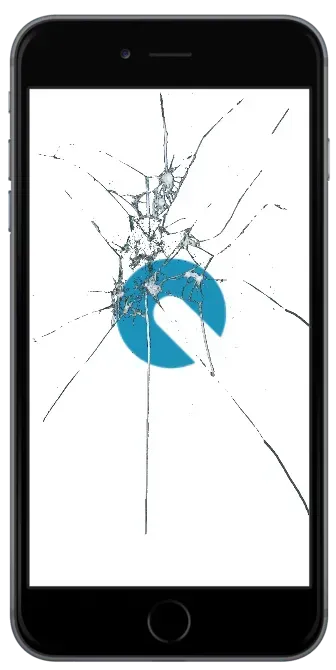 A cell phone with a broken screen and a blue circle on it.