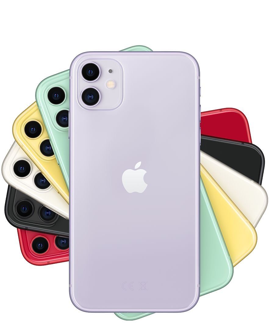 A purple iphone 11 is surrounded by other iphones of different colors.