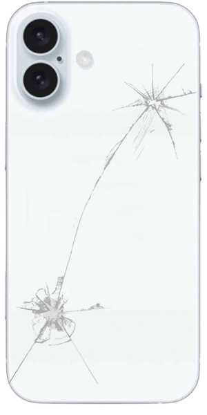 A cell phone with a broken screen and a blue circle on it.