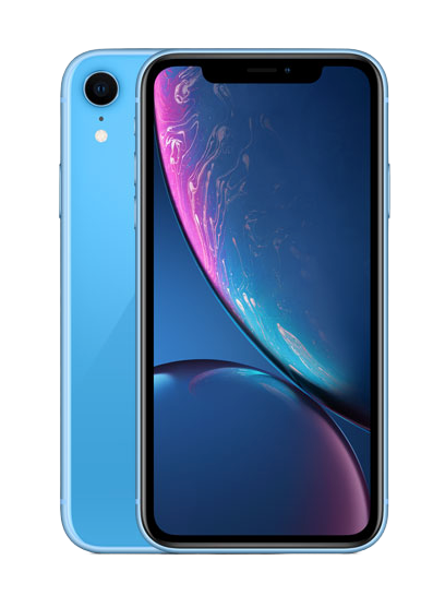 A blue iphone xr is sitting on a white surface.