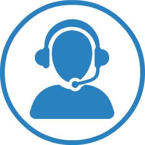 A blue icon of a person wearing a headset in a circle.