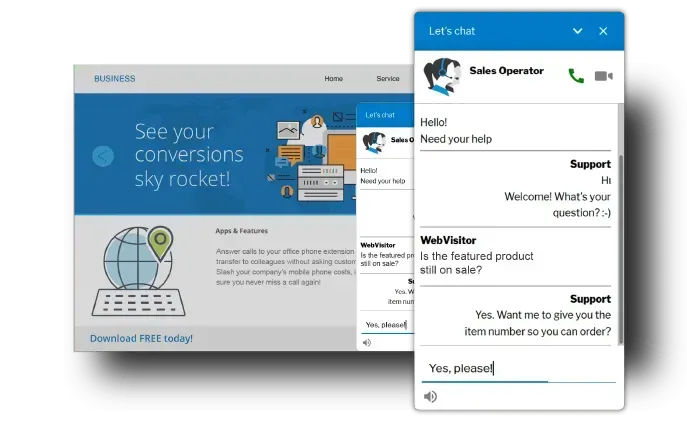 A screenshot of a website and a screenshot of a chat window.