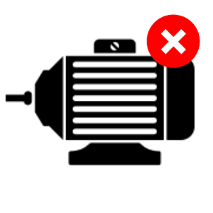 A black and white silhouette of an electric motor with a red x on it.