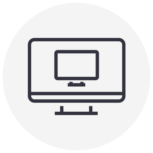 A computer monitor icon in a circle on a white background.