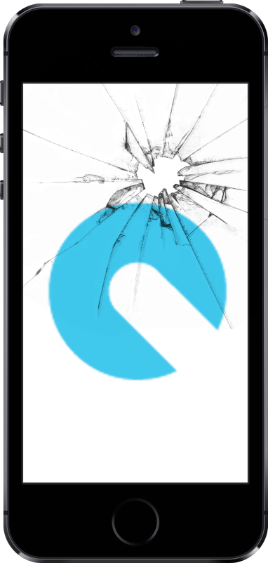 A cell phone with a broken screen and a blue circle on it.