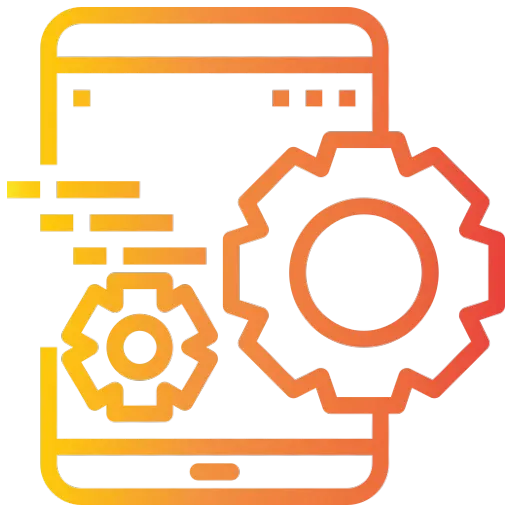 An icon of a cell phone with gears on it.