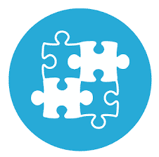 A blue circle with four white puzzle pieces in it.