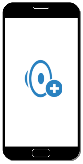 A cell phone with a blue ear and a plus sign on it.