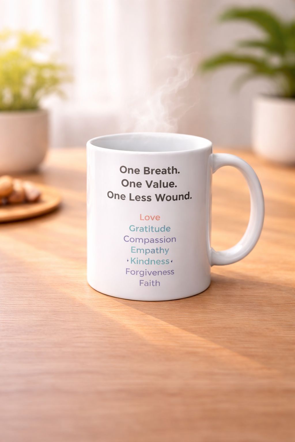 White ceramic mug on a wooden table, printed with “One Breath. One Value. One Less Wound.”