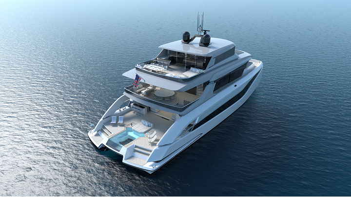 Luxury white yacht on calm blue water, with multiple decks and a rear swimming pool.