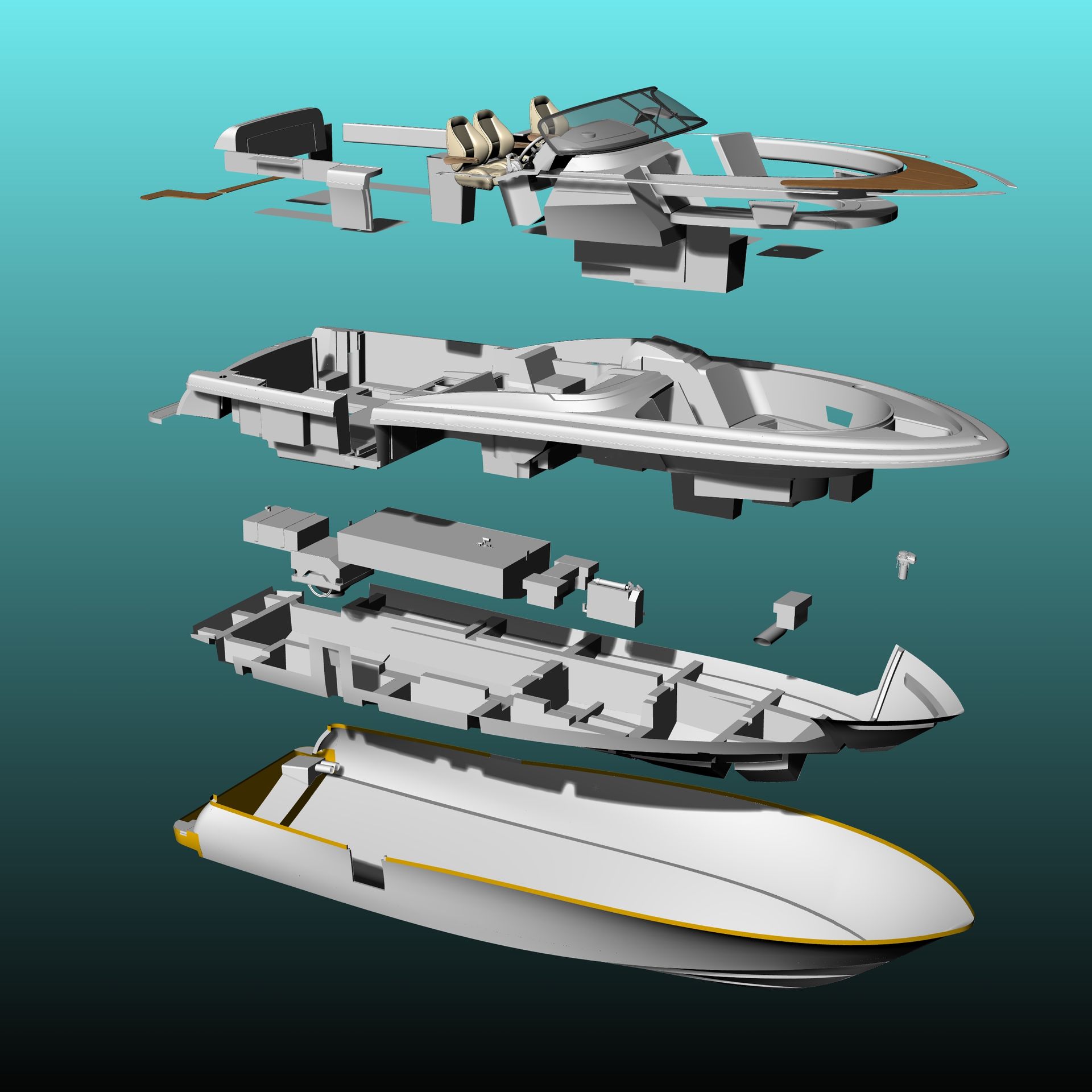 Exploded view of a futuristic aircraft, with multiple layers and interior details visible.