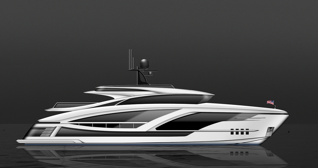 A modern, white luxury yacht with dark accents, antenna, and Canadian flag on a dark gray sea.