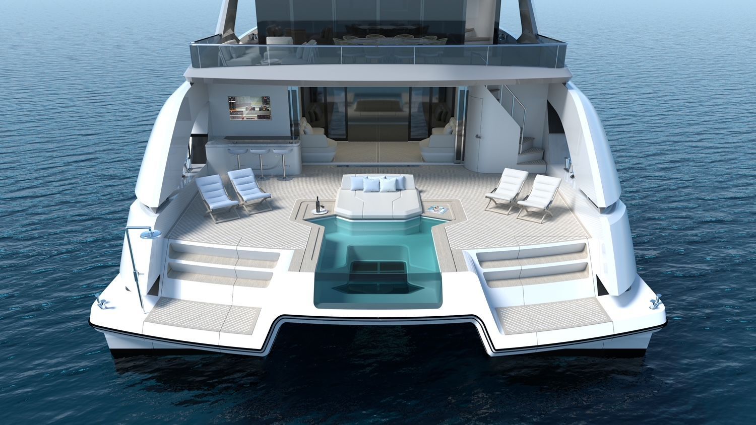 Rear view of a white yacht with a pool, lounge chairs, and ocean background.