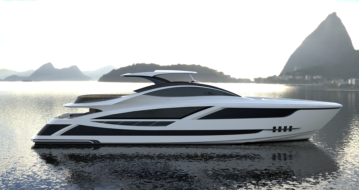 White yacht on calm water with a mountain backdrop.