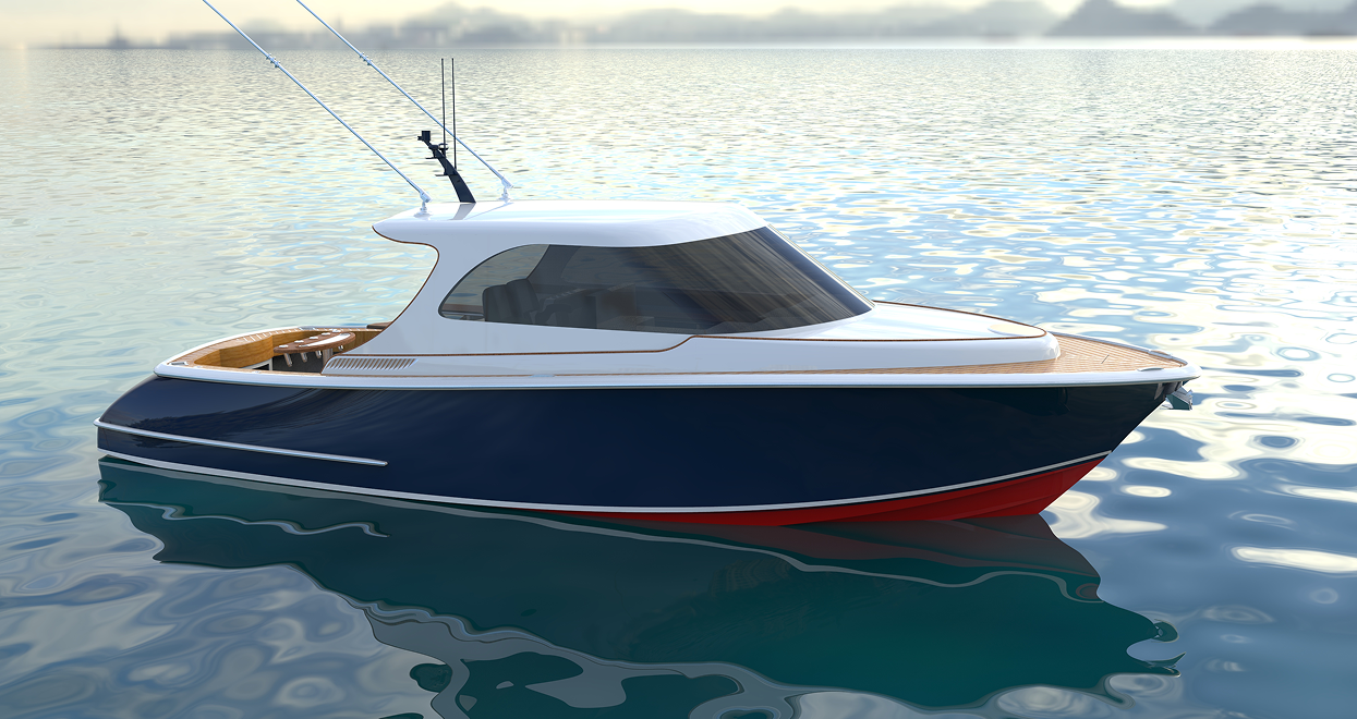 Blue and white motorboat with fishing poles on calm water.