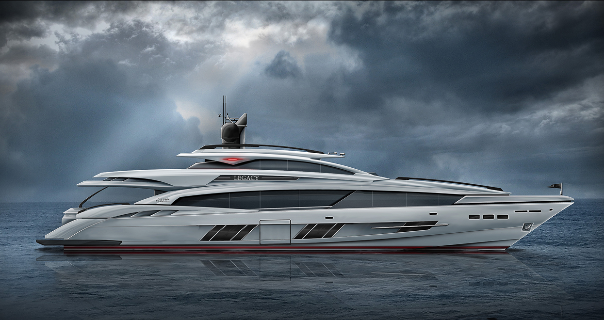 Luxury white yacht on dark water under stormy sky.