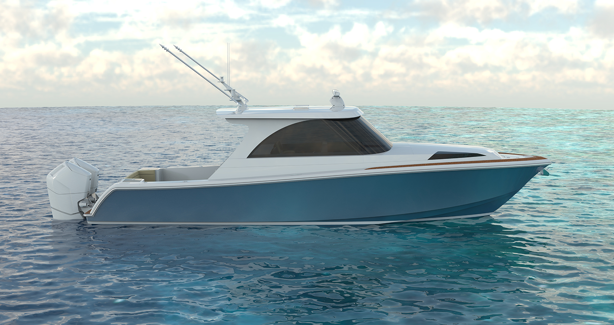 Blue and white motorboat on calm, blue water with fishing rods mounted.
