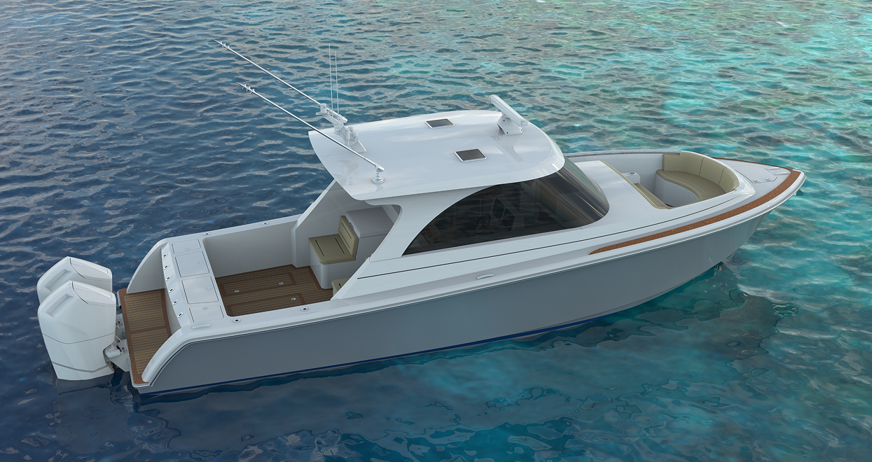 White motorboat on blue water.
