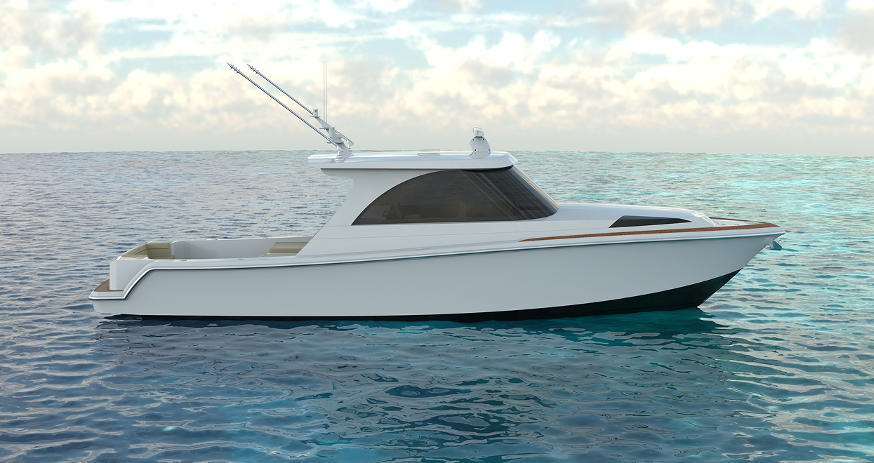 White boat sailing on blue ocean with fishing rods.