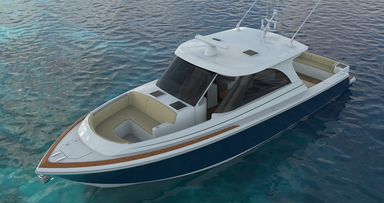 Blue and white motorboat on the water, with wooden trim and a white cabin.