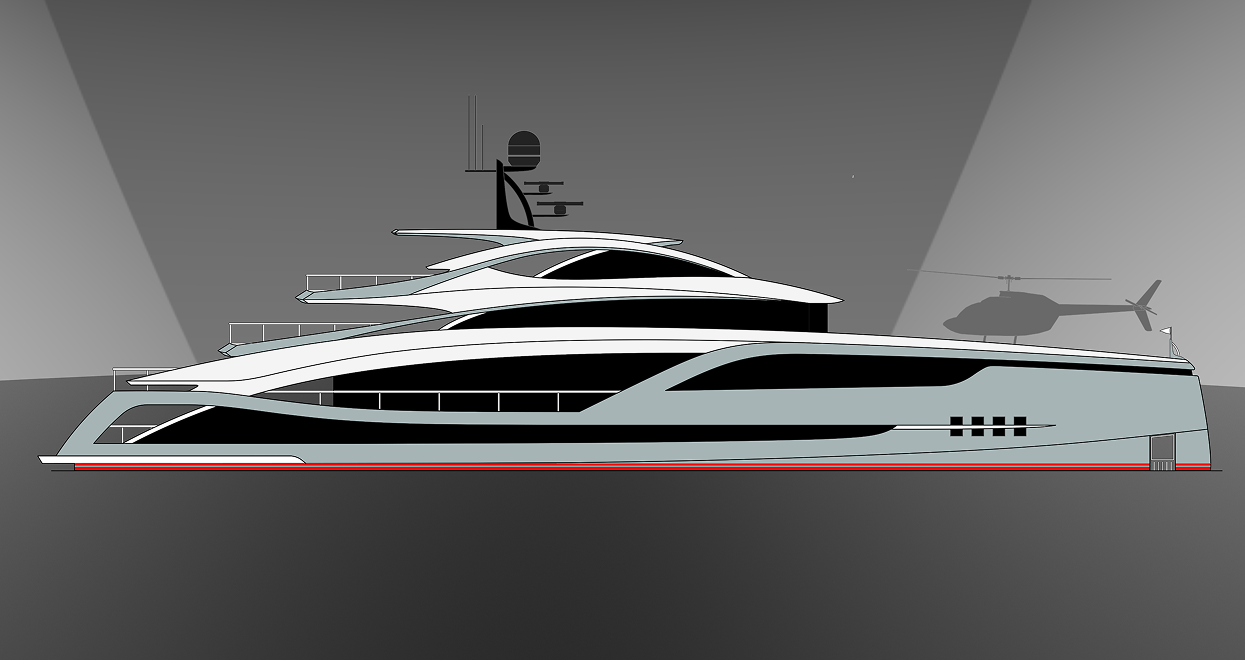 Luxury yacht with helicopter; grey and white colors.