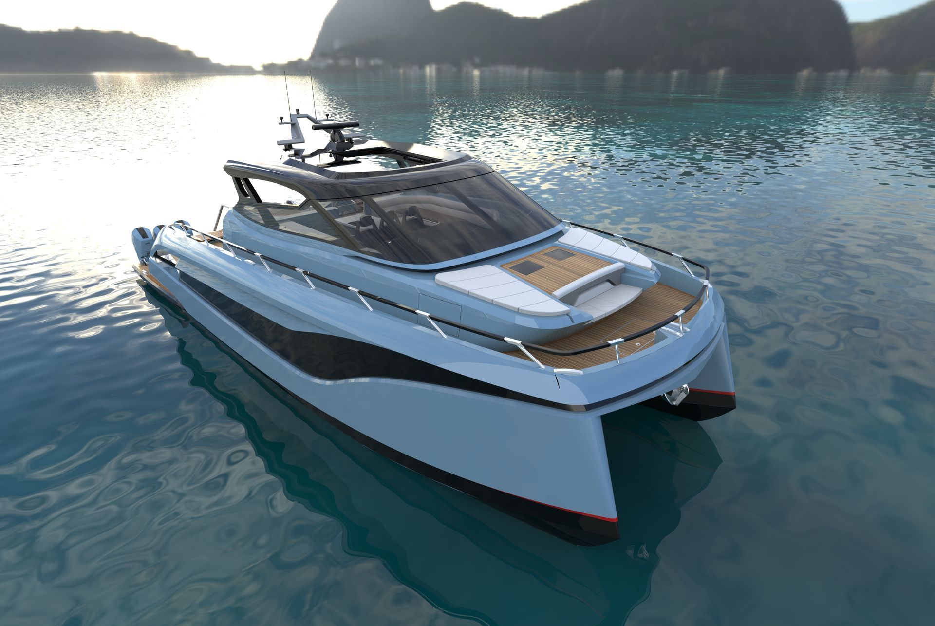 A modern, light blue catamaran yacht on calm turquoise water. Distant tropical islands in background.