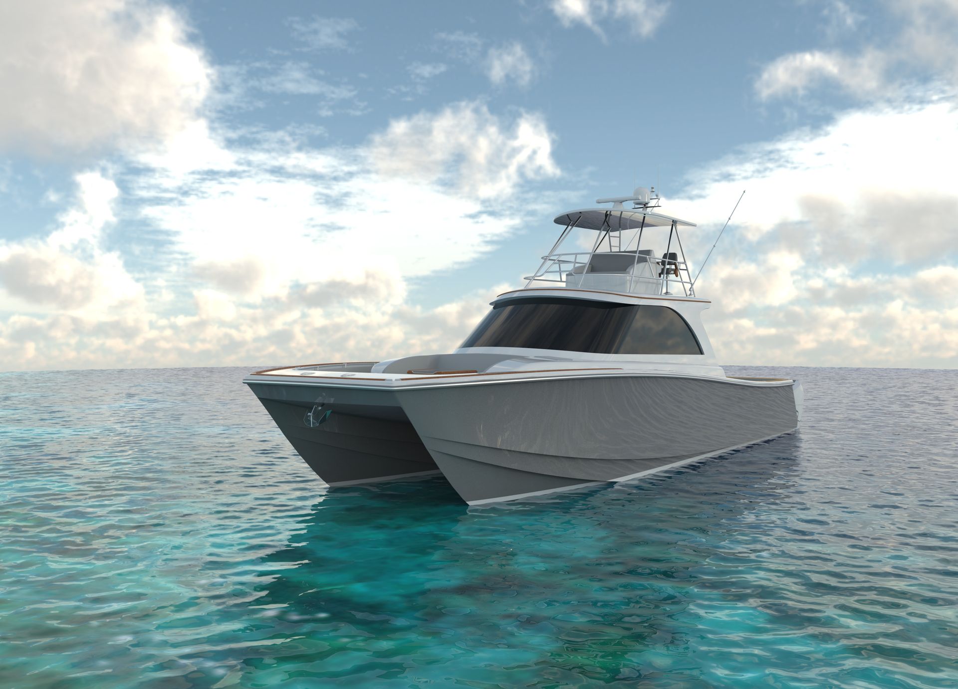 A catamaran boat floats on clear turquoise water under a partly cloudy blue sky.