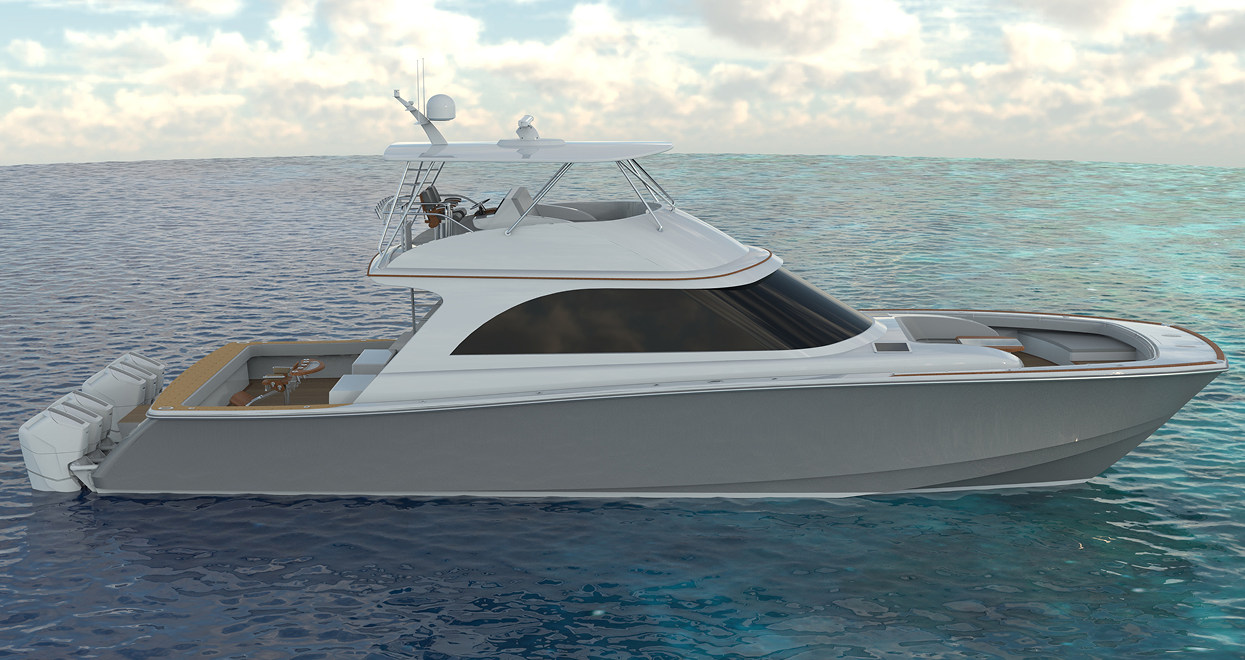 Gray and white sport fishing yacht on a body of water under a blue sky.