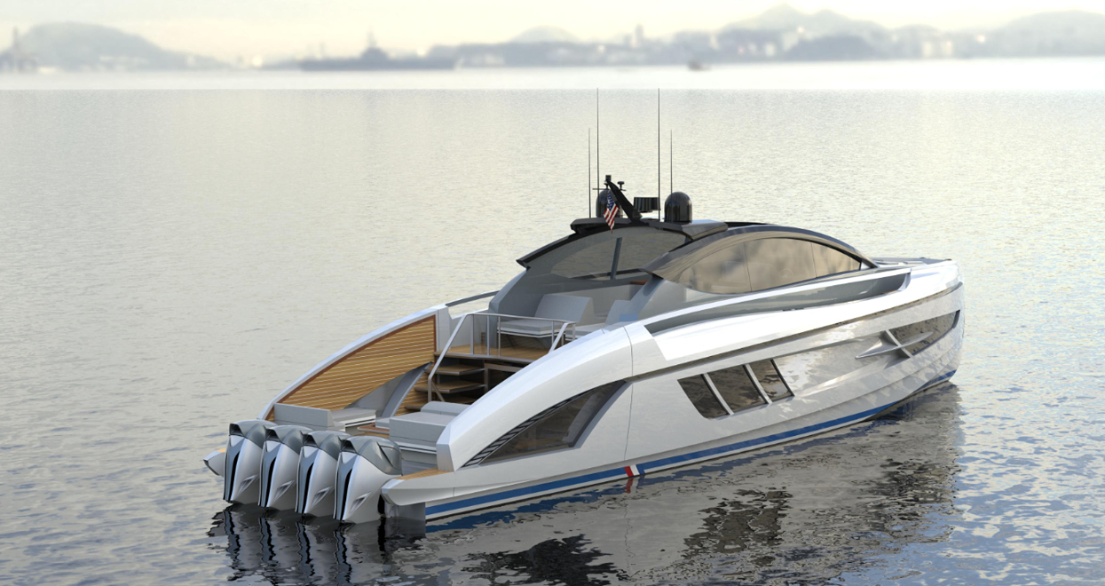 Luxury white yacht with multiple outboard motors on calm water.