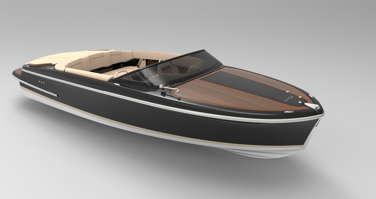 Black and tan motorboat with wood detailing, white trim, and tan interior on a light background.